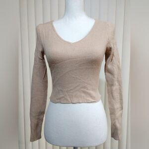 Kendall & Kylie CROP Top Sweater Ribbed Knit Long Sleeve Beige Junior's Medium